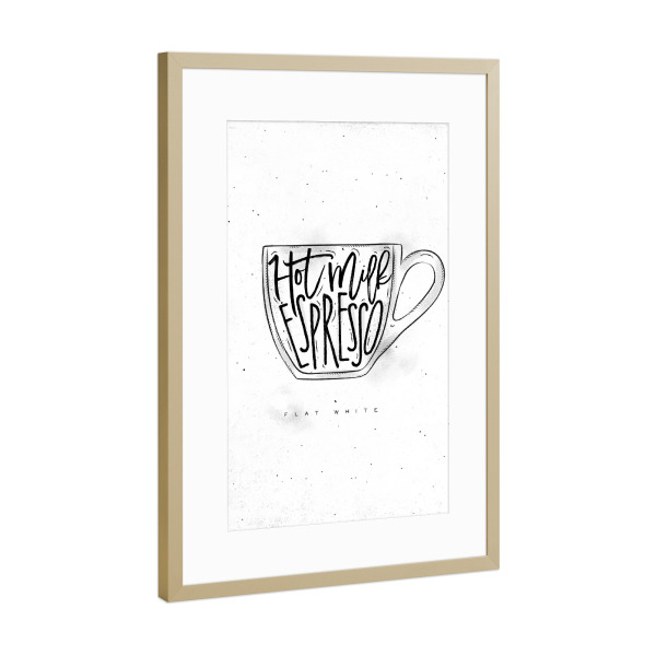 Poster mit Rahmen Gold "Flat White cup lettering" artboxONE - Essen & Trinken,Schwarzweiß