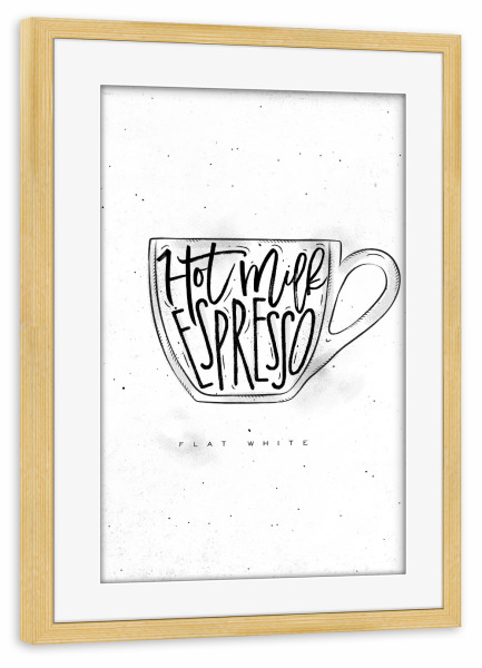 Poster mit Rahmen kiefer "Flat White cup lettering" artboxONE - Essen & Trinken,Schwarzweiß