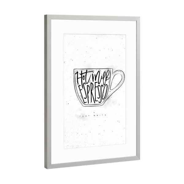 Poster mit Rahmen Silber "Flat White cup lettering" artboxONE - Essen & Trinken,Schwarzweiß