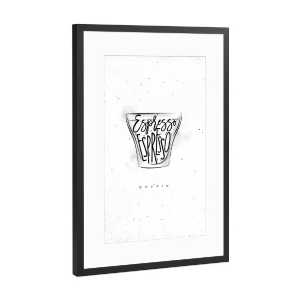 Poster mit Rahmen Schwarz (Metallic) "Doppio Cup lettering" artboxONE - Essen & Trinken,Schwarzweiß