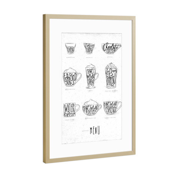 Poster mit Rahmen Gold "Coffee Menu graphic" artboxONE - Essen & Trinken,Schwarzweiß