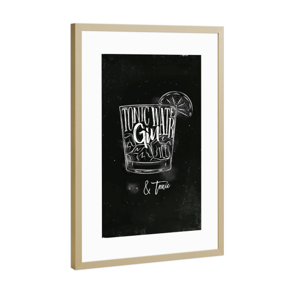 Poster mit Rahmen Gold "Gin Tonic cocktail chalk" artboxONE - Schwarzweiß,Essen & Trinken / Alkohol