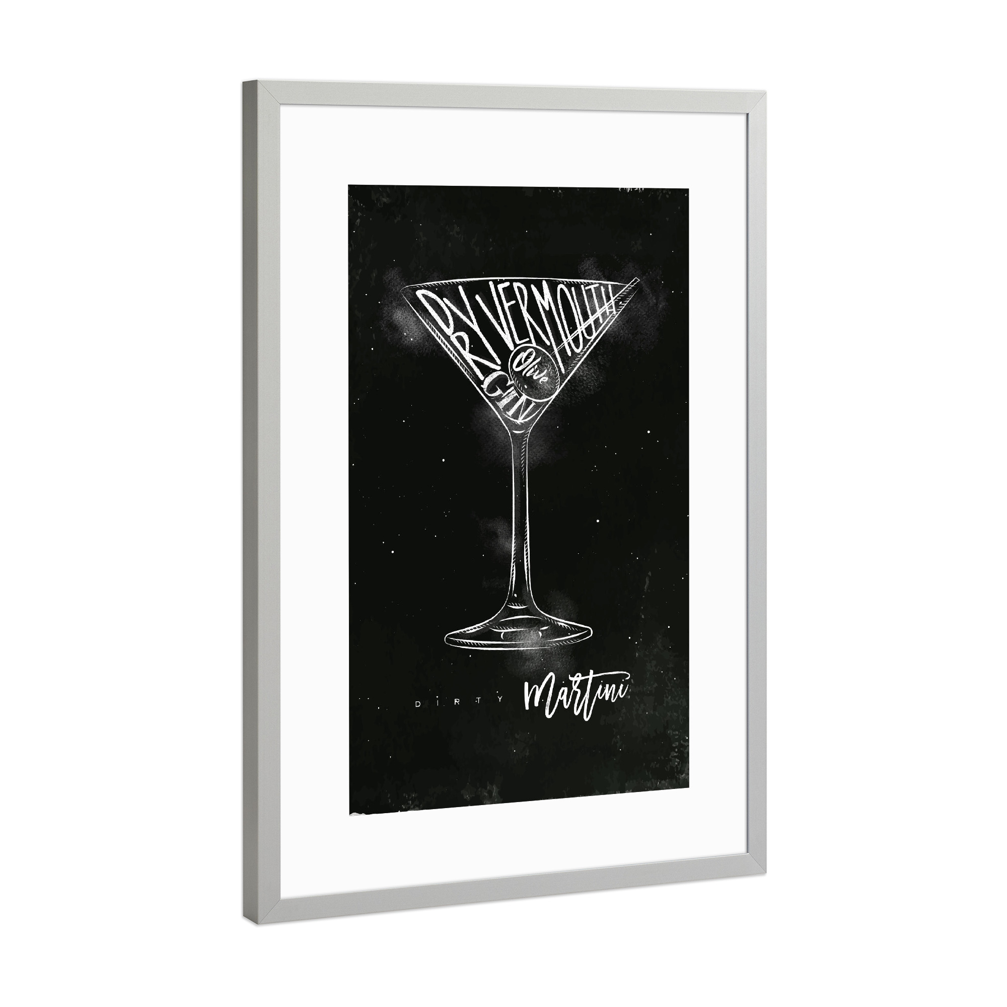 Poster mit Rahmen Silber "Dirty martini cocktail chalk" artboxONE - Schwarzweiß,Essen & Trinken / Alkohol
