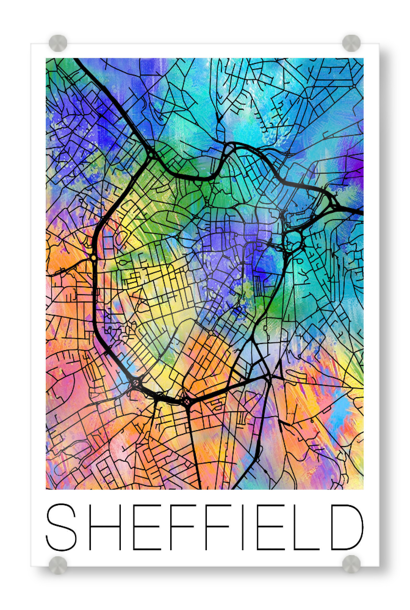 Acrylglasbild "Retro Map of Sheffield England" artboxONE - Städte,Reise,Städte / Weitere - Retro,Map,Sheffield,England,United kingdom,Watercolor,City