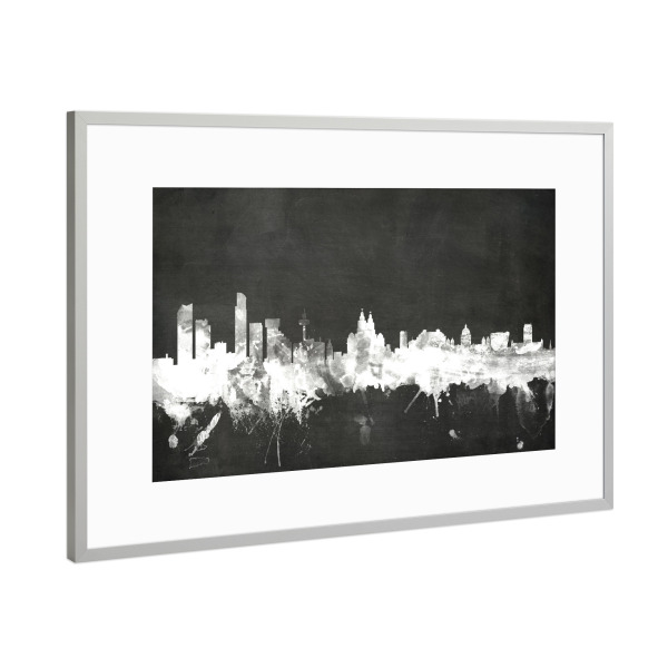 Poster mit Rahmen Silber "Liverpool England Skyline 6" artboxONE - Städte,Reise,Schwarzweiß