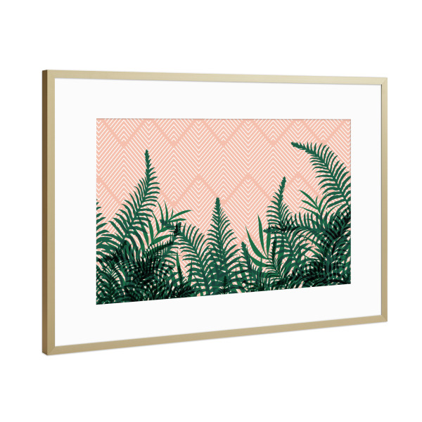 Poster mit Rahmen Gold "Tropical Ferns on Pink" artboxONE - Natur,Architektur,Geometrie,Festivals
