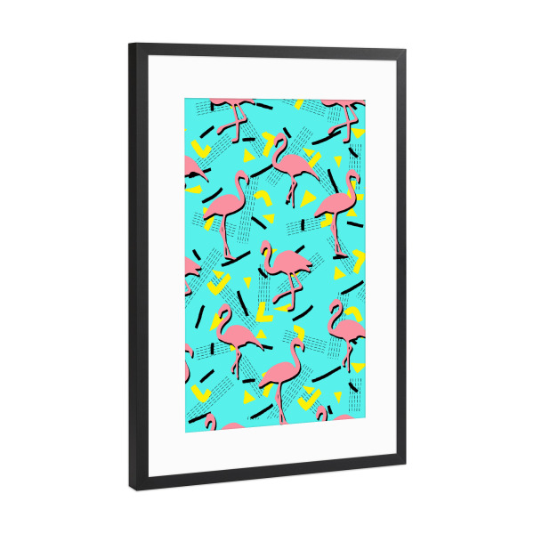Poster mit Rahmen Schwarz (Metallic) "Flamingos Memphis" artboxONE - Natur,Tiere,Geometrie,Festivals