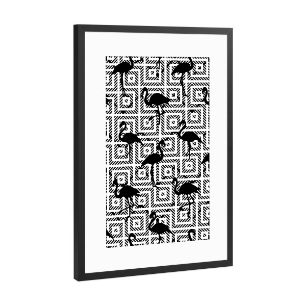Poster mit Rahmen Schwarz (Metallic) "B&W Geometric Flamingos" artboxONE - Natur,Tiere,Geometrie,Festivals