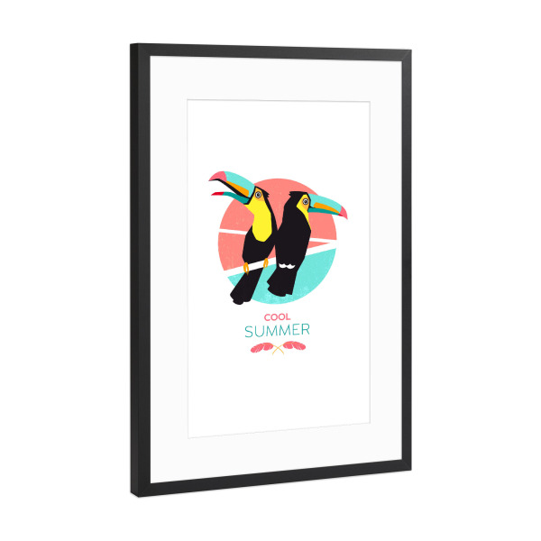 Poster mit Rahmen Schwarz (Metallic) "Cool Summer Toucans" artboxONE - Typografie,Floral,Tiere,Geometrie,Reise / Strand und Meer,Festivals