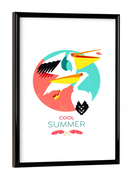 Poster mit schwarzem Rahmen "Cool Summer Pelicans" artboxONE - Typografie,Tiere,Geometrie,Reise / Strand und Meer,Festivals