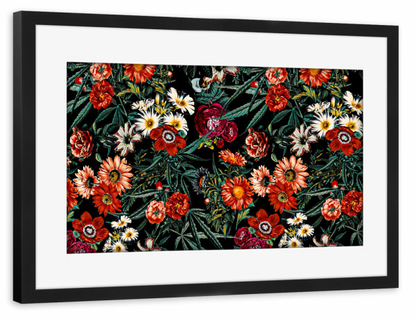 Poster mit Rahmen schwarz "Marijuana and Floral Pattern" artboxONE - Floral,Festivals