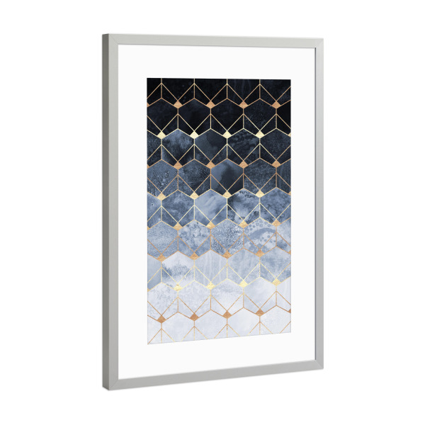 Poster mit Rahmen Silber "Blue Hexagons And Diamonds" artboxONE - Abstrakt,Geometrie - Geometrisch,Blau,Sechsecke,Diamanten,Gold