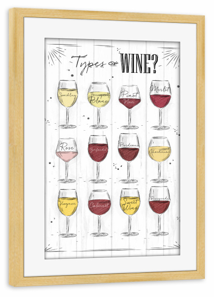 Poster mit Rahmen kiefer "Types of Wine 03" artboxONE - Essen & Trinken,Schwarzweiß,Essen & Trinken / Alkohol