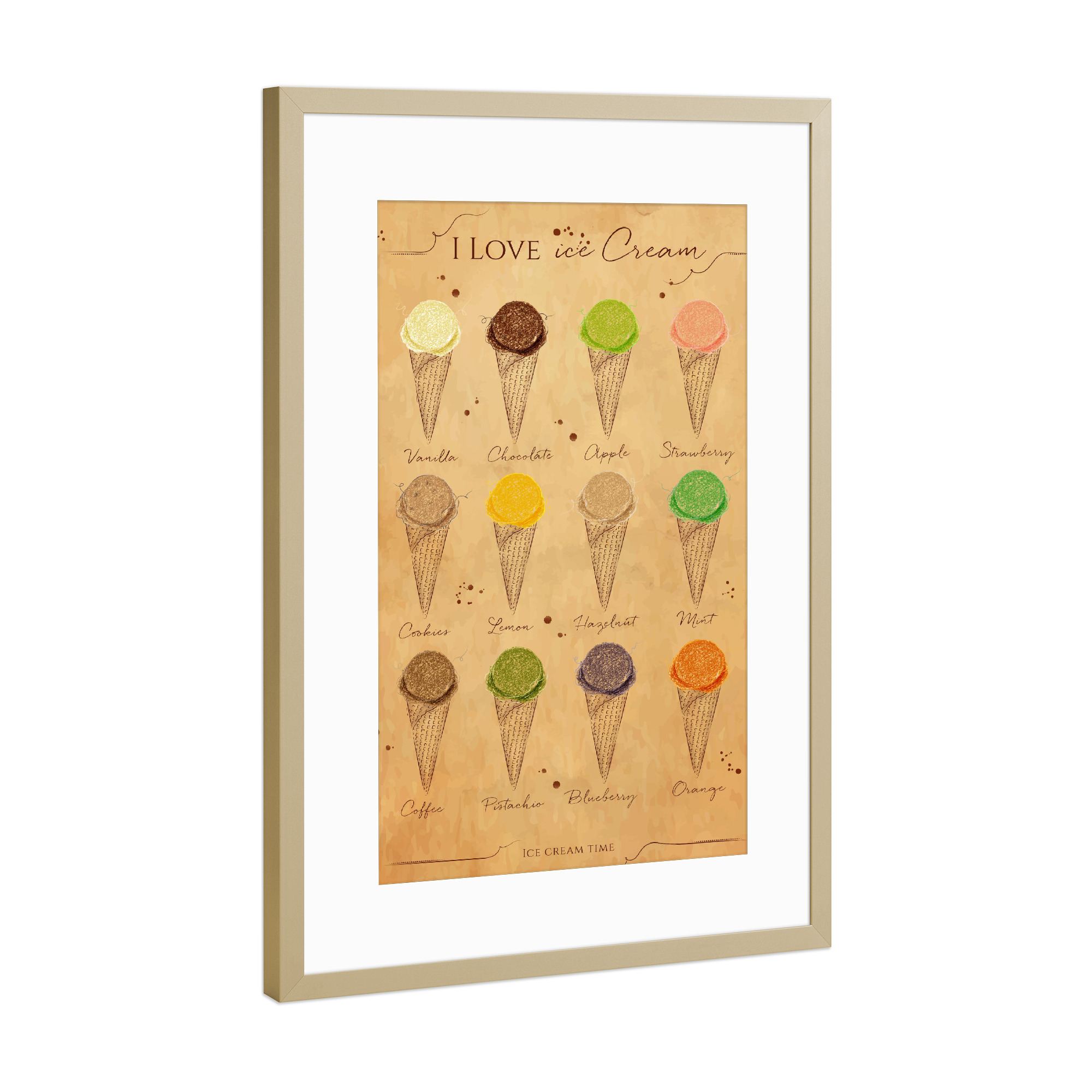 Poster mit Rahmen Gold "Ice cream menu 03" artboxONE - Essen & Trinken,Schwarzweiß,Festivals