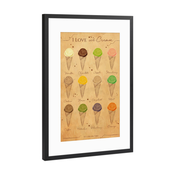 Poster mit Rahmen Schwarz (Metallic) "Ice cream menu 03" artboxONE - Essen & Trinken,Schwarzweiß,Festivals