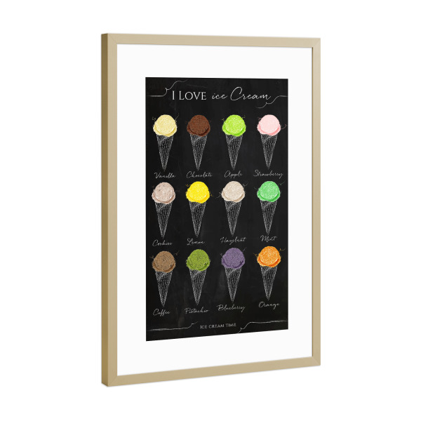 Poster mit Rahmen Gold "Ice cream menu chalk" artboxONE - Essen & Trinken,Schwarzweiß,Festivals