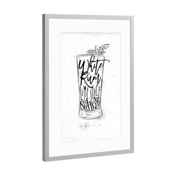 Poster mit Rahmen Silber "Mojito cocktail white" artboxONE - Schwarzweiß,Essen & Trinken / Alkohol,Festivals
