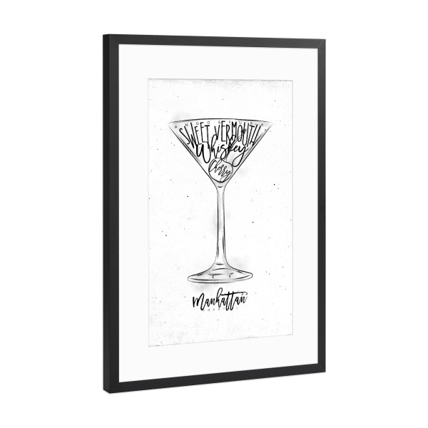 Poster mit Rahmen Schwarz (Metallic) "Manhattan cocktail white" artboxONE - Schwarzweiß,Essen & Trinken / Alkohol,Festivals