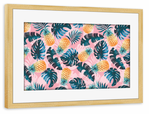 Poster mit Rahmen kiefer "Pineapple and Leaf Pattern" artboxONE - Natur,Floral,Festivals - Floral,Pineapple,Summer,Spring,Vintage,Retro