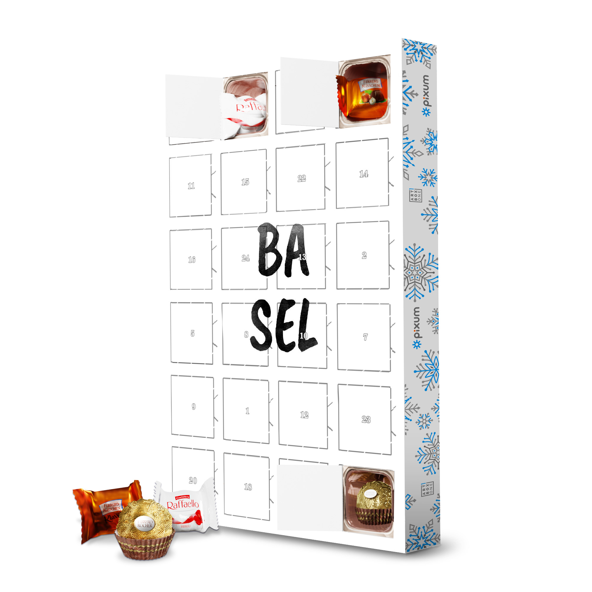 Adventskalender mit Ferrero Pralinen Basel Aquarell SW artboxONE Adventskalender Städte
