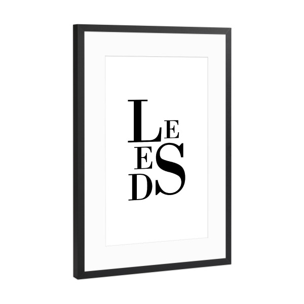 Poster mit Rahmen Schwarz (Metallic) "Leeds Buchstabensalat" artboxONE - Städte,Typografie,Schwarzweiß,Städte / Weitere