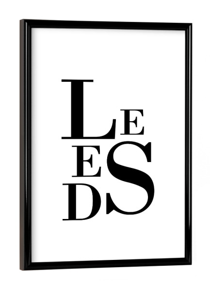 Poster mit schwarzem Rahmen "Leeds Buchstabensalat" artboxONE - Städte,Typografie,Schwarzweiß,Städte / Weitere