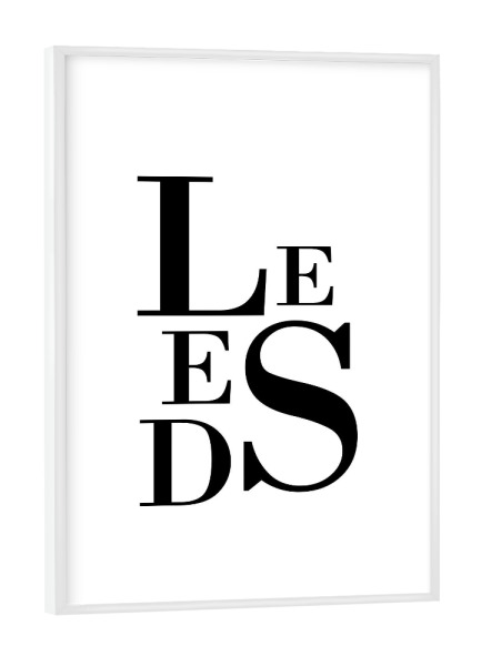 Poster mit weißem Rahmen "Leeds Buchstabensalat" artboxONE - Städte,Typografie,Schwarzweiß,Städte / Weitere