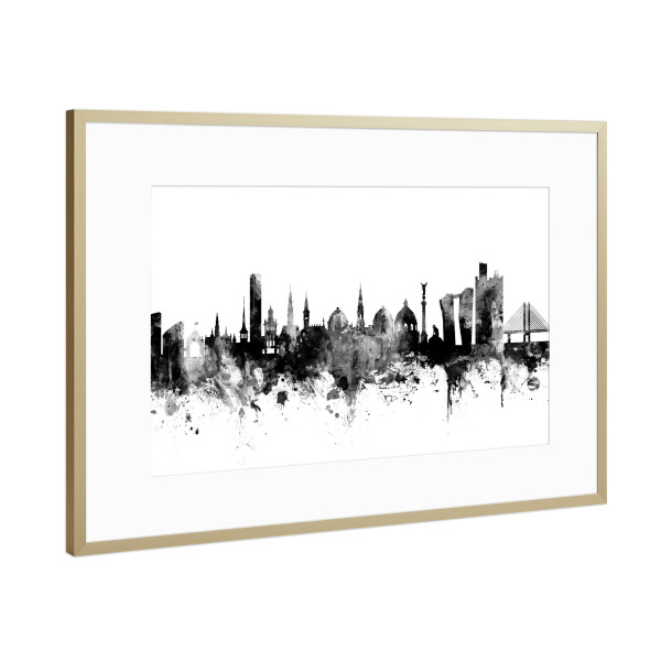Poster mit Rahmen Gold "Copenhagen Denmark Skyline" artboxONE - Städte,Reise,Schwarzweiß