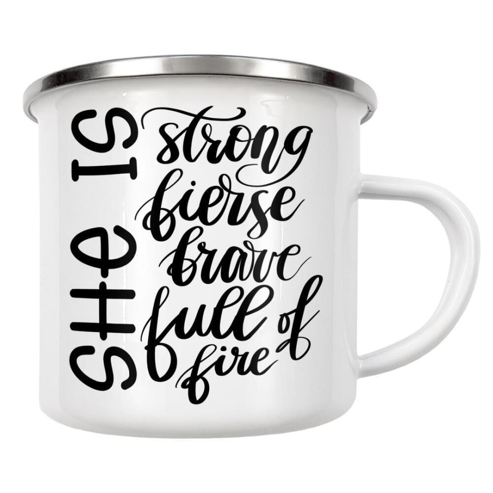 Emaille Tasse "Sie ist stark" artboxONE - Typografie,Fashion,Für Mama