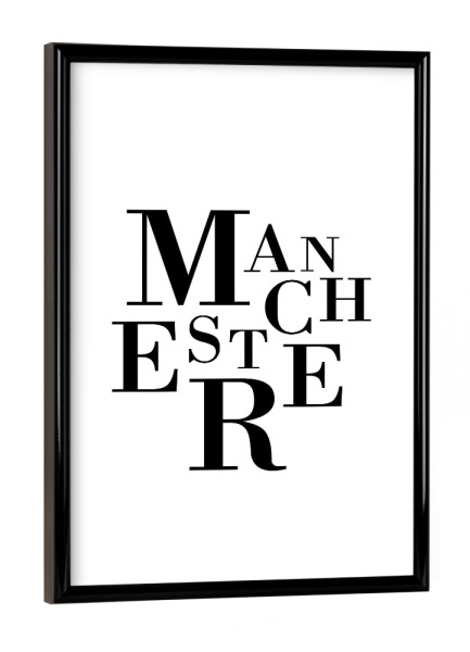Poster mit schwarzem Rahmen "Manchester Buchstabensalat" artboxONE - Städte,Typografie,Schwarzweiß,Städte / Weitere