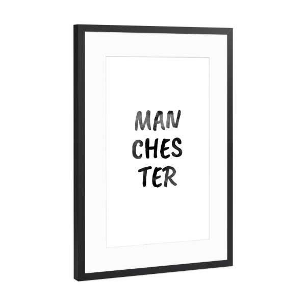 Poster mit Rahmen Schwarz (Metallic) "Manchester Aquarell SW" artboxONE - Städte,Typografie,Schwarzweiß,Städte / Weitere