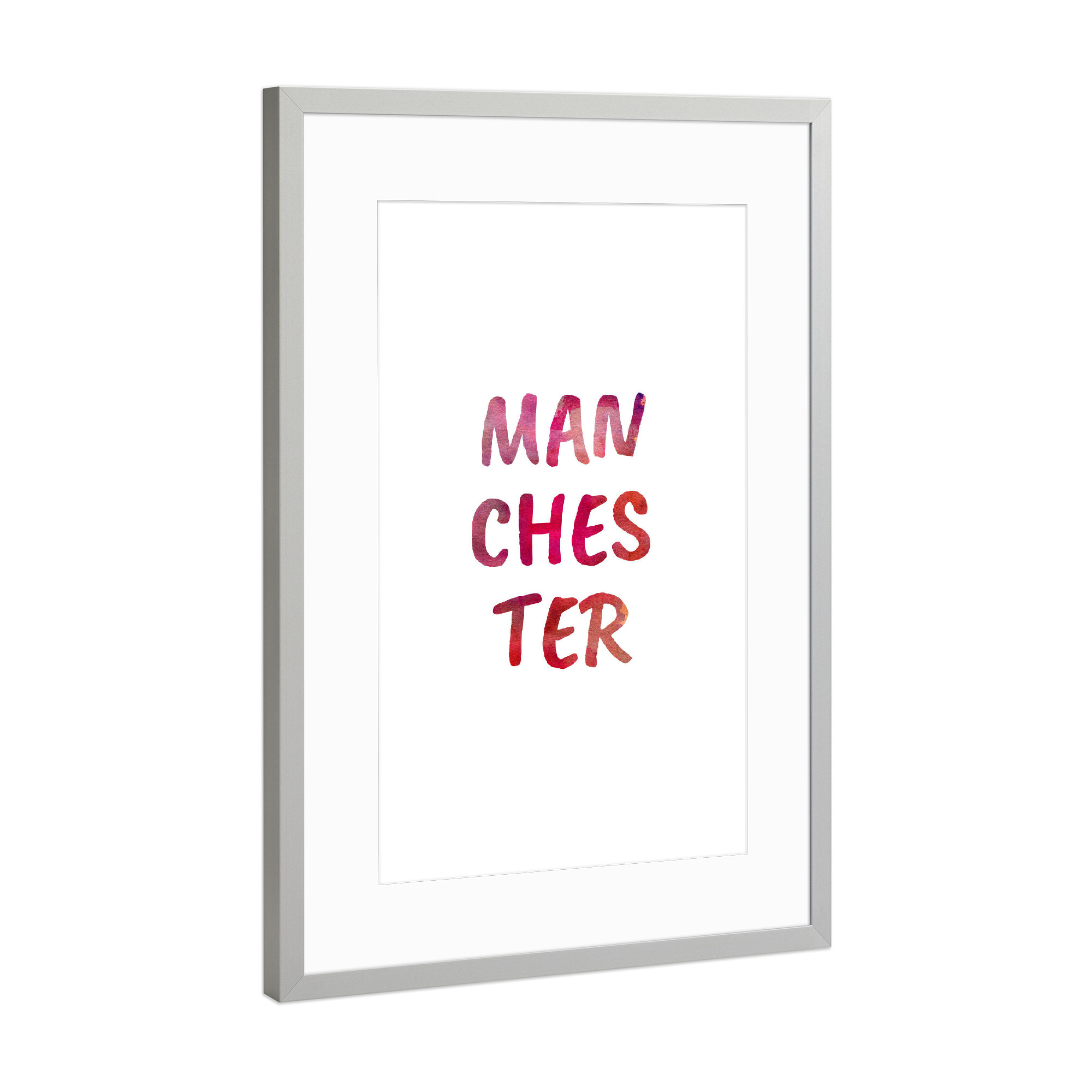 Poster mit Rahmen Silber "Manchester Aquarell Bunt" artboxONE - Städte,Typografie,Städte / Weitere