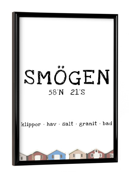 Poster mit schwarzem Rahmen "Smögen" artboxONE - Städte,Typografie,Reise - Skagerrak,Schweden,Meer,Strand,Urlaub,Schwedisch