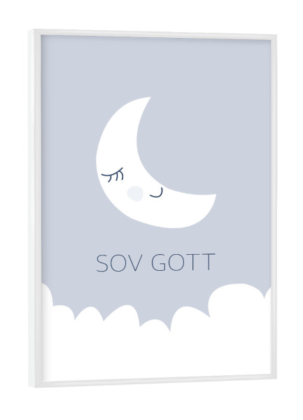 Poster mit weißem Rahmen "Sov Gott" artboxONE - Typografie,Für Kinder - Mond,Nacht,Schlafen,Gut,Himmel,Wolken,Süß,Kinderzimmer,Schwedisch