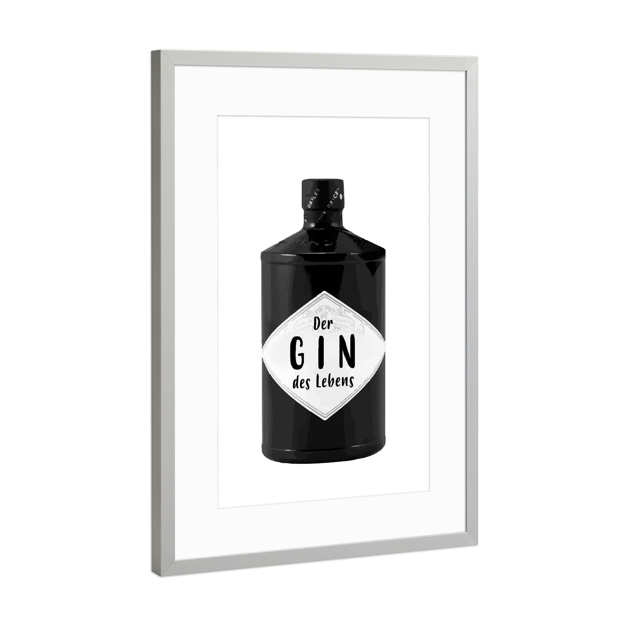 Poster mit Rahmen Silber "Der Gin des Lebens" artboxONE - Typografie,Schwarzweiß,Essen & Trinken / Alkohol - Gin,Leben
