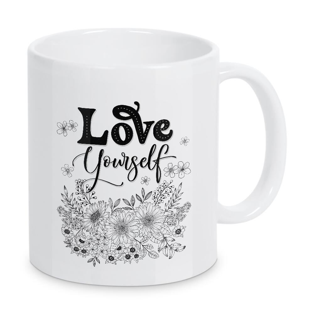 Tasse "Love Yourself. Mit Line-Art Blumen" artboxONE - Typografie,Floral,Schwarzweiß,Liebe