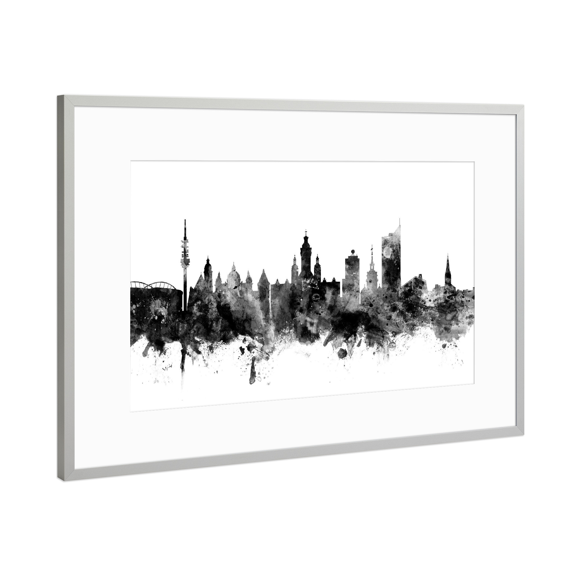 Poster mit Rahmen Silber "Leipzig Germany Skyline 2" artboxONE - Städte,Reise,Schwarzweiß