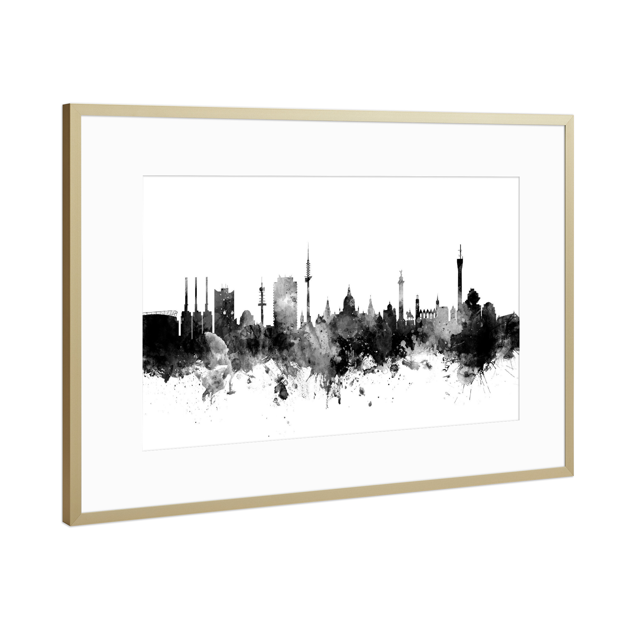Poster mit Rahmen Gold "Hannover Germany Skyline 2" artboxONE - Städte,Reise,Schwarzweiß