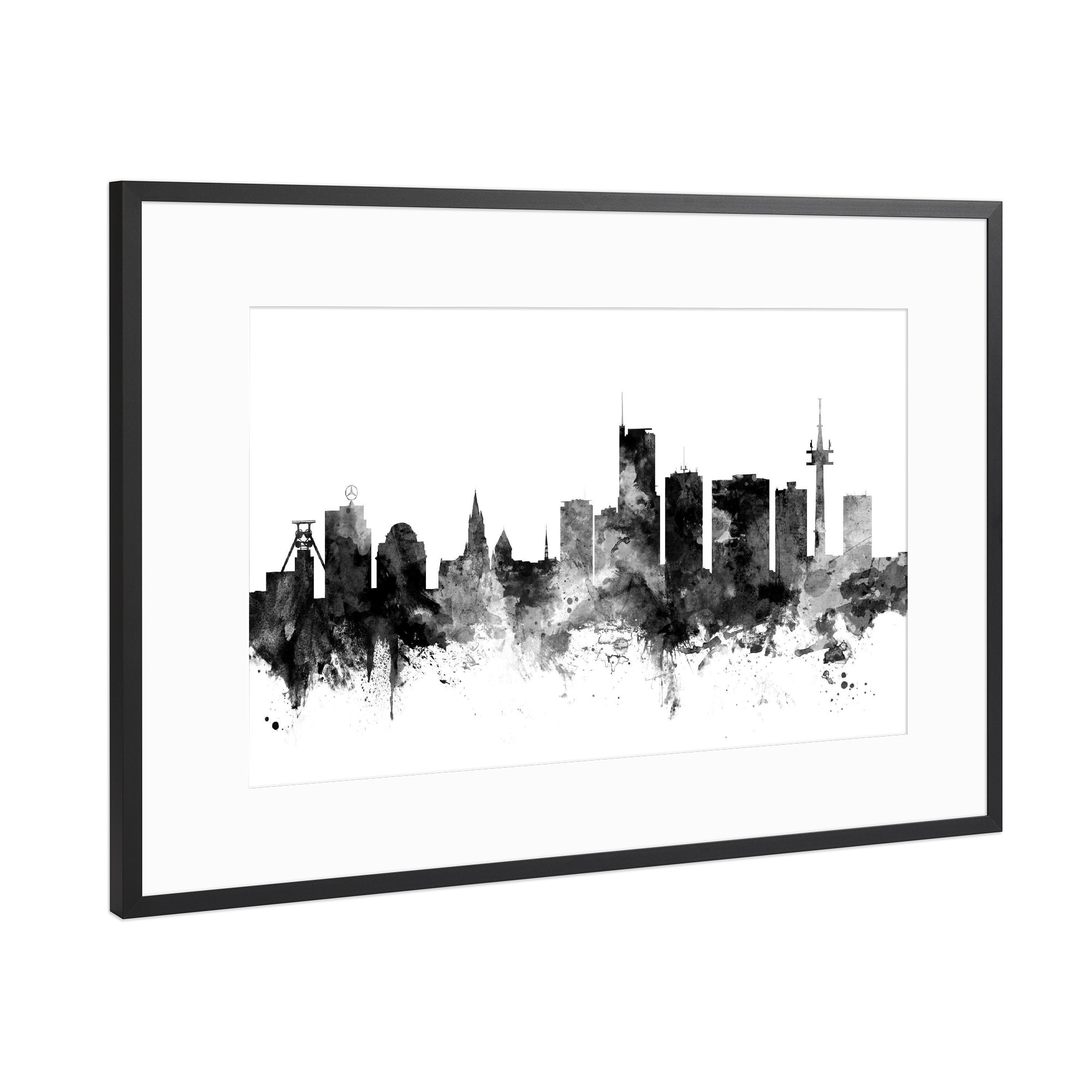 Poster mit Rahmen Schwarz (Metallic) "Essen Germany Skyline 2" artboxONE - Städte,Reise,Schwarzweiß