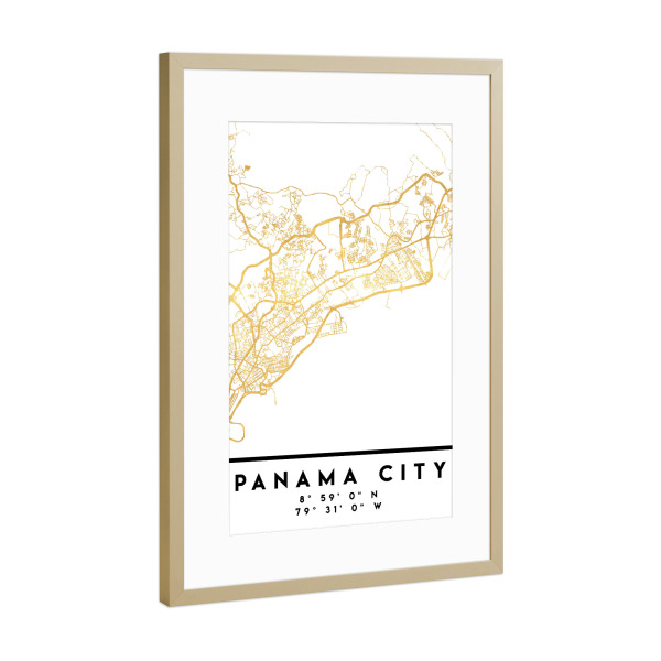 Poster mit Rahmen Gold "PANAMA CITY STREET MAP ART" artboxONE - Städte,Reise,Kartografie