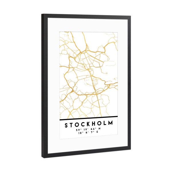Poster mit Rahmen Schwarz (Metallic) "STOCKHOLM SWEDEN STREET MAP ART" artboxONE - Städte,Reise,Städte / Stockholm,Kartografie