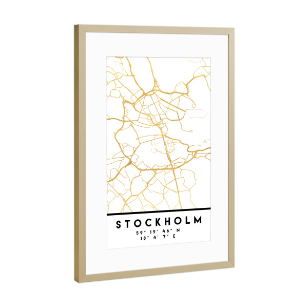Poster mit Rahmen Gold "STOCKHOLM SWEDEN STREET MAP ART" artboxONE - Städte,Reise,Städte / Stockholm,Kartografie