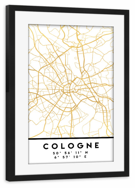 Poster mit Rahmen schwarz "COLOGNE GERMANY STREET MAP ART" artboxONE - Städte,Städte / Köln,Reise,Kartografie