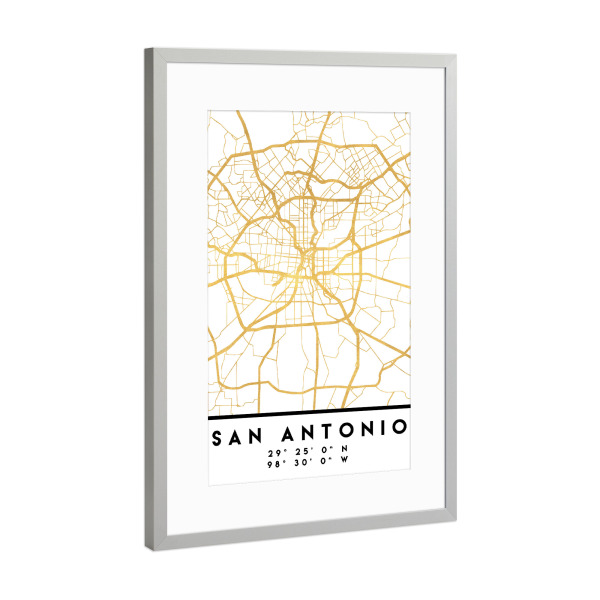 Poster mit Rahmen Silber "SAN ANTONIO TEXAS STREET MAP" artboxONE - Städte,Reise,Kartografie