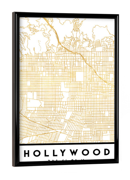 Poster mit schwarzem Rahmen "HOLLYWOOD CALIFORNIA STREET MAP" artboxONE - Städte,Reise,Städte / Los Angeles,Kartografie