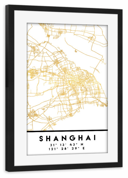 Poster mit Rahmen schwarz "SHANGHAI CHINA CITY STREET MAP ART" artboxONE - Städte,Reise,Städte / Shanghai,Kartografie
