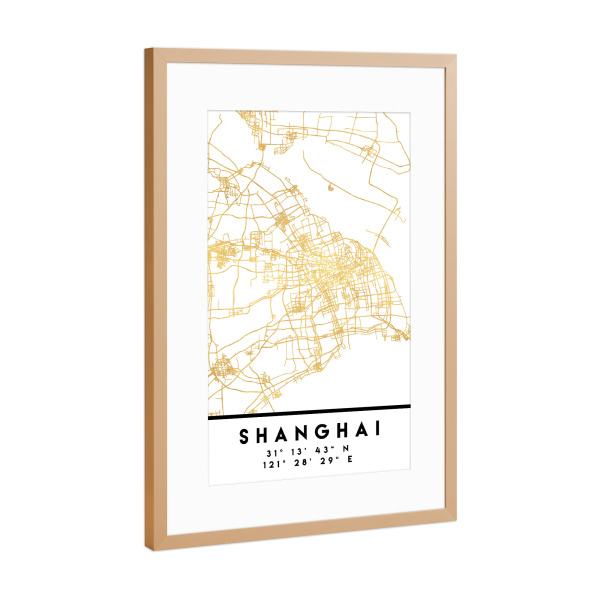 Poster mit Rahmen Kupfer "SHANGHAI CHINA CITY STREET MAP ART" artboxONE - Städte,Reise,Städte / Shanghai,Kartografie