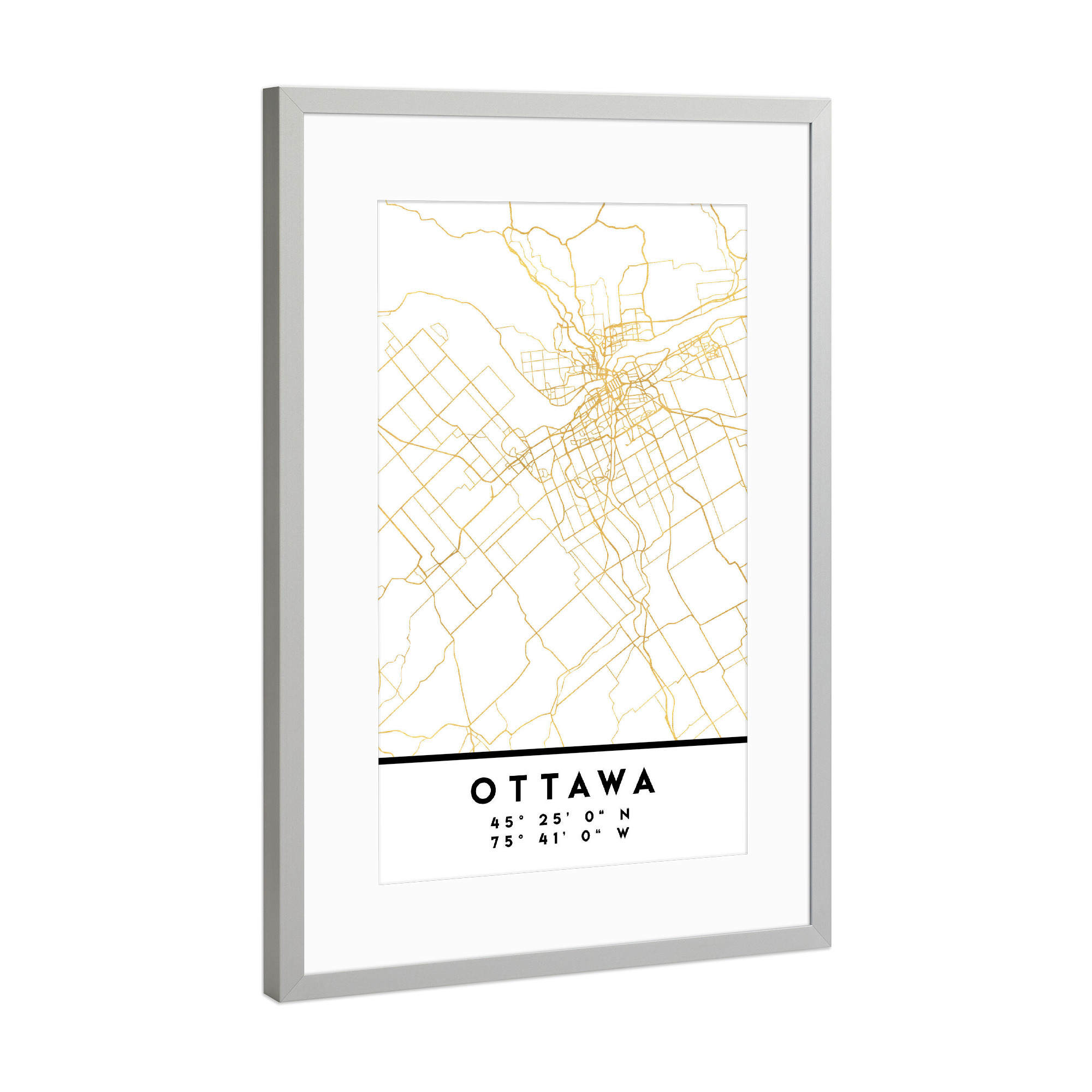 Poster mit Rahmen Silber "OTTAWA CANADA CITY MAP ART" artboxONE - Städte,Reise,Kartografie