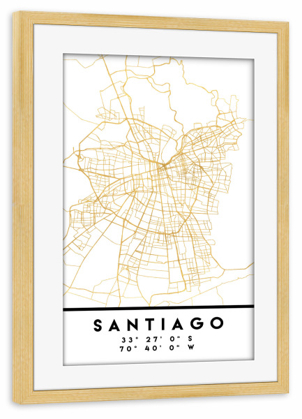 Poster mit Rahmen kiefer "SANTIAGO CHILE CITY STREET MAP ART" artboxONE - Städte,Reise,Kartografie