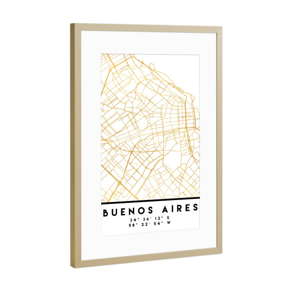 Poster mit Rahmen Gold "BUENOS AIRES ARGENTINA CITY MAP" artboxONE - Städte,Reise,Kartografie
